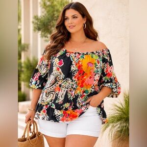 Lauren Ralph Lauren 2X Floral Off Shoulder Peasant Blouse Black Multicolor